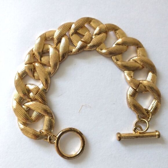 Vtg Enameled Bracelet Chunky Flat Chain Link Gold Tone Ivory Statement Classic. - Picture 4 of 16